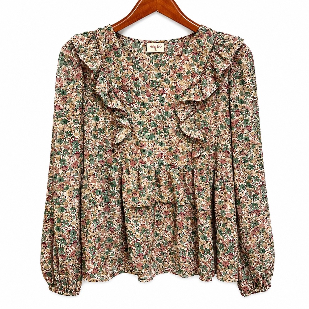 Hailey & Co Floral Ruffle V-Neck Babydoll Blouse Green Tan Small IT4668